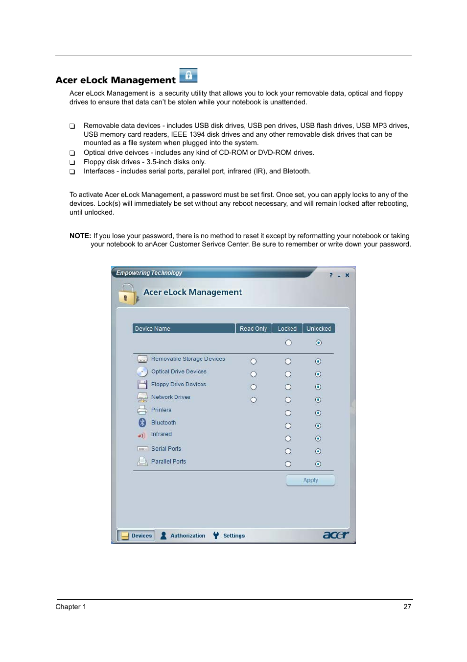 Acer elock management | Acer 3250 User Manual | Page 35 / 124