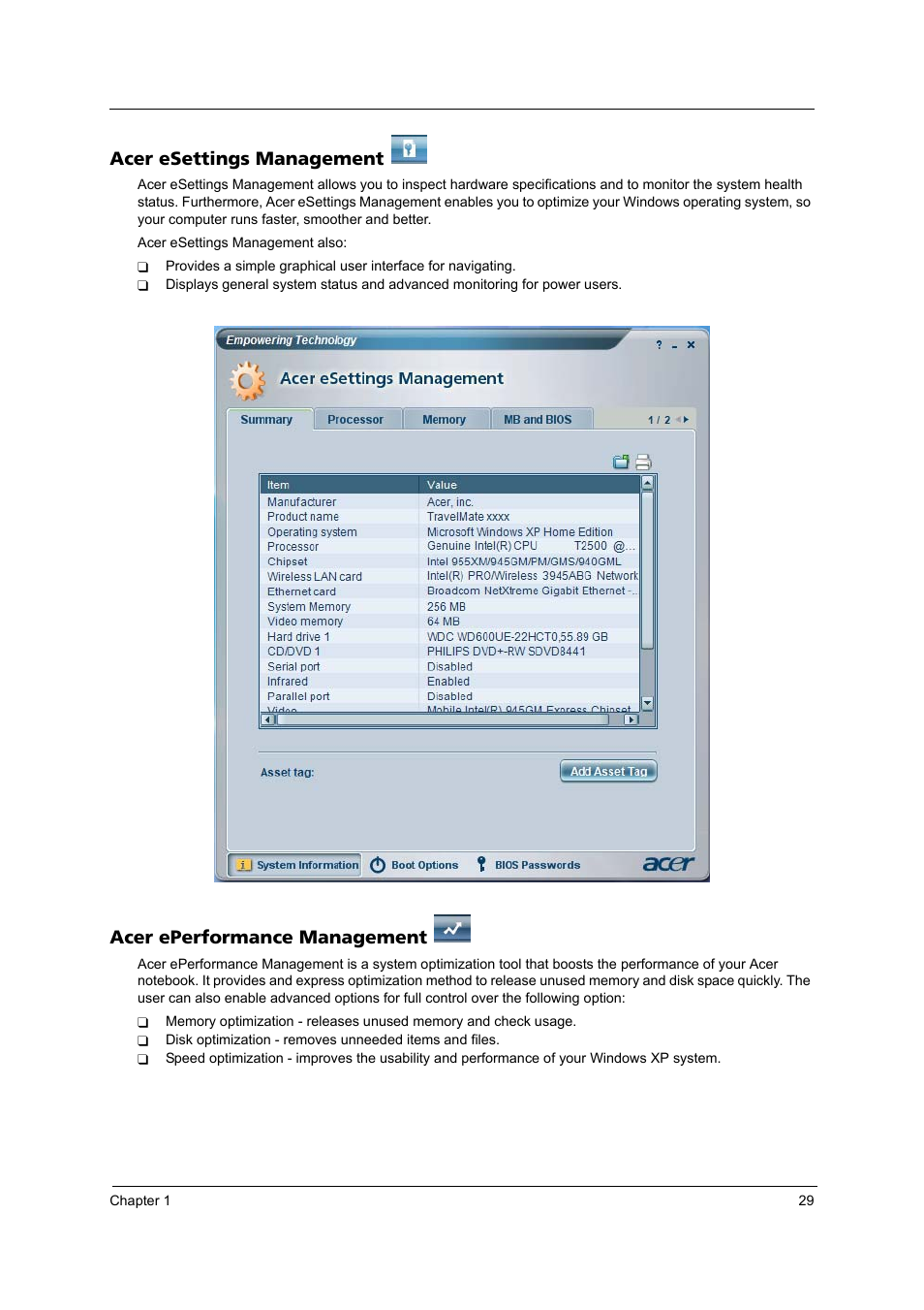 Acer esettings management, Acer eperformance management | Acer 3250 User Manual | Page 37 / 124