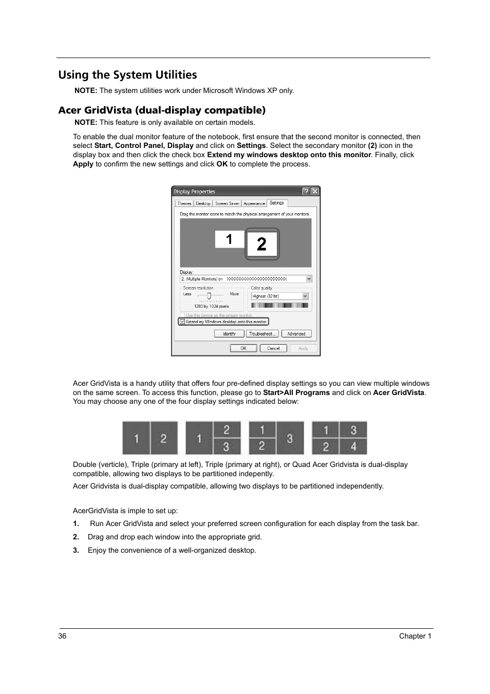 Using the system utilities, Acer gridvista (dual-display compatible) | Acer 3250 User Manual | Page 44 / 124