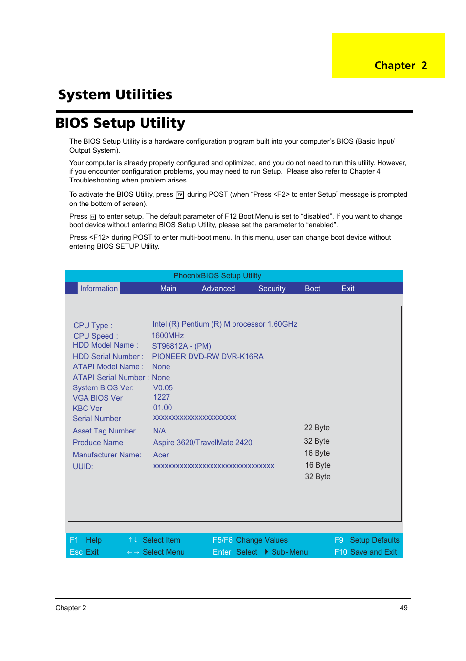 Bios setup utility, System utilities, Chapter 2 | Acer 3250 User Manual | Page 57 / 124