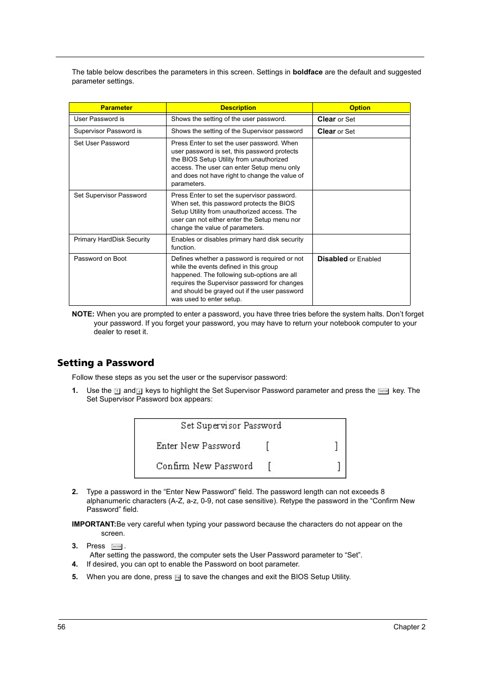 Setting a password | Acer 3250 User Manual | Page 64 / 124