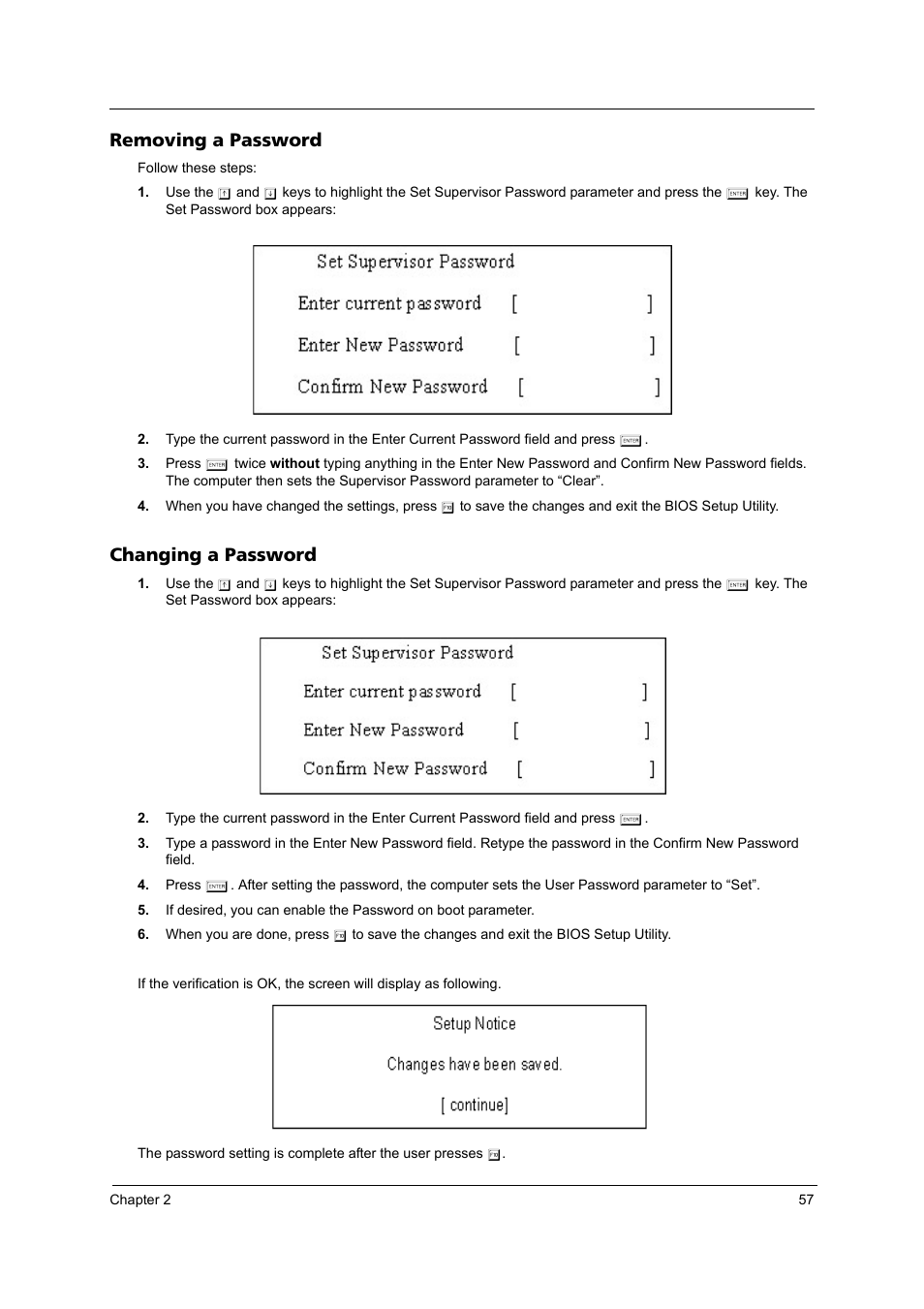 Removing a password, Changing a password | Acer 3250 User Manual | Page 65 / 124