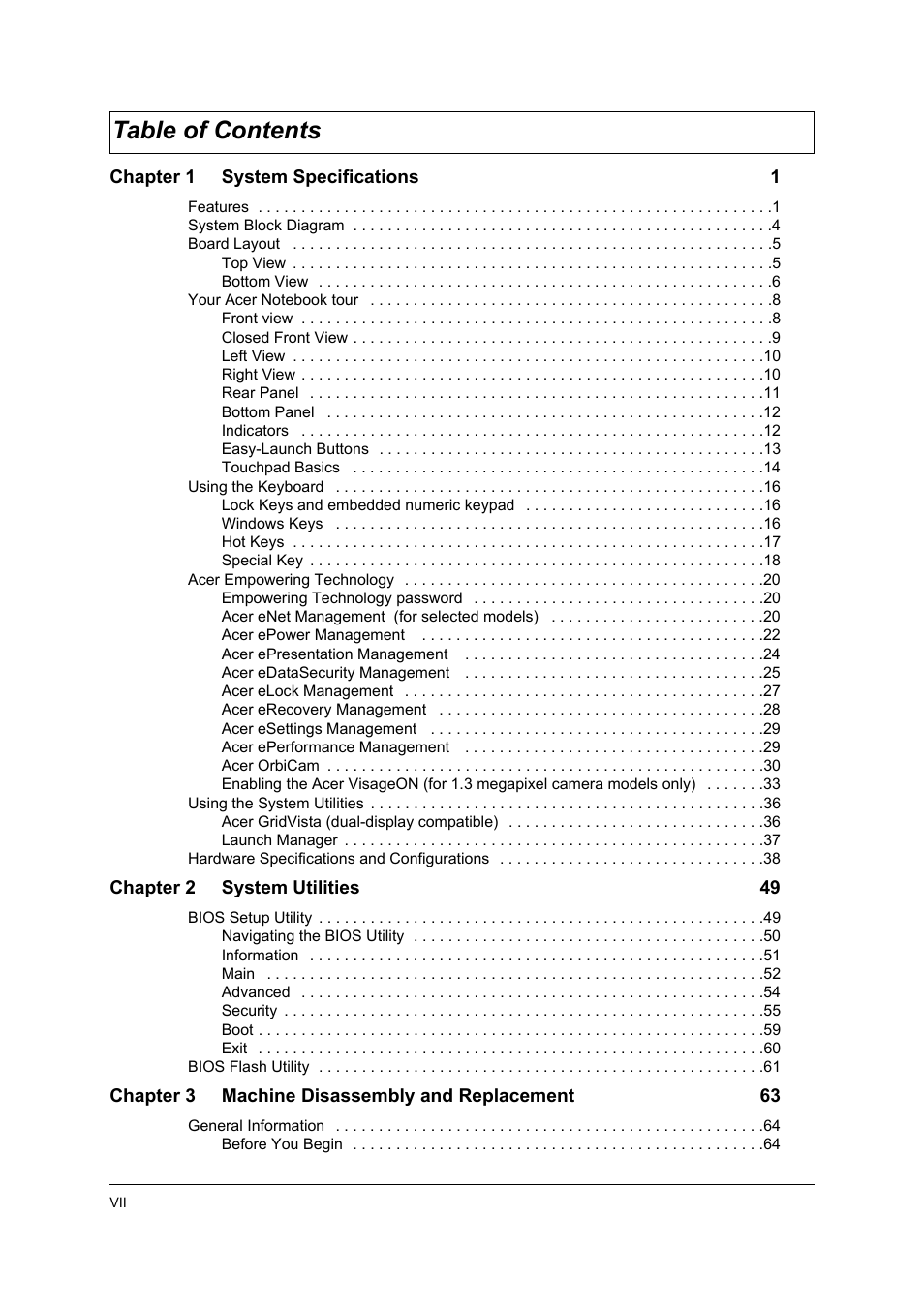 Acer 3250 User Manual | Page 7 / 124