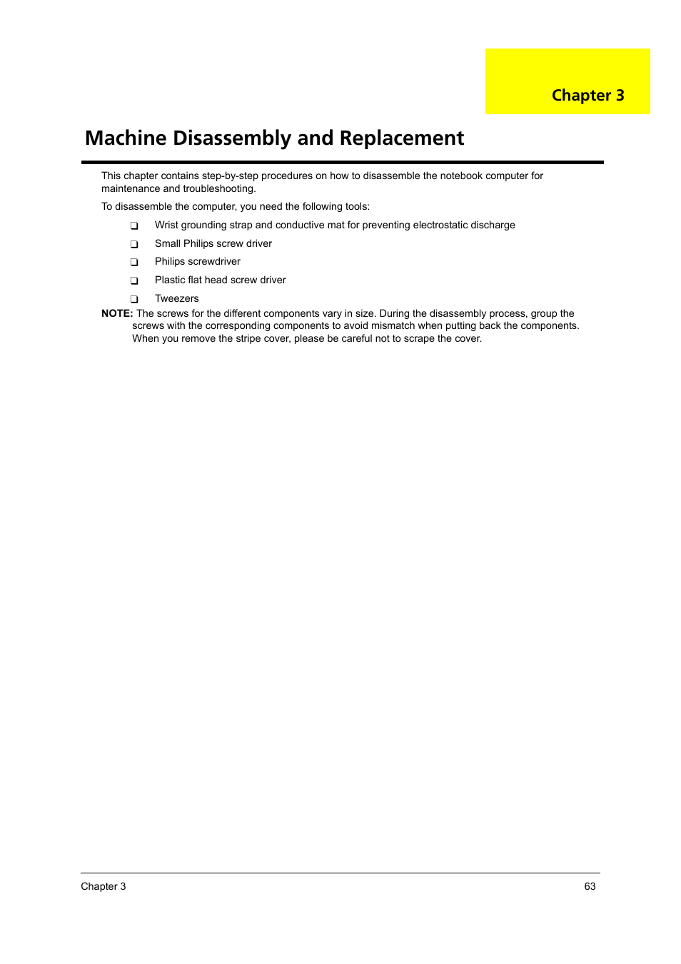 Machine disassembly and replacement, Chapter 3 | Acer 3250 User Manual | Page 71 / 124