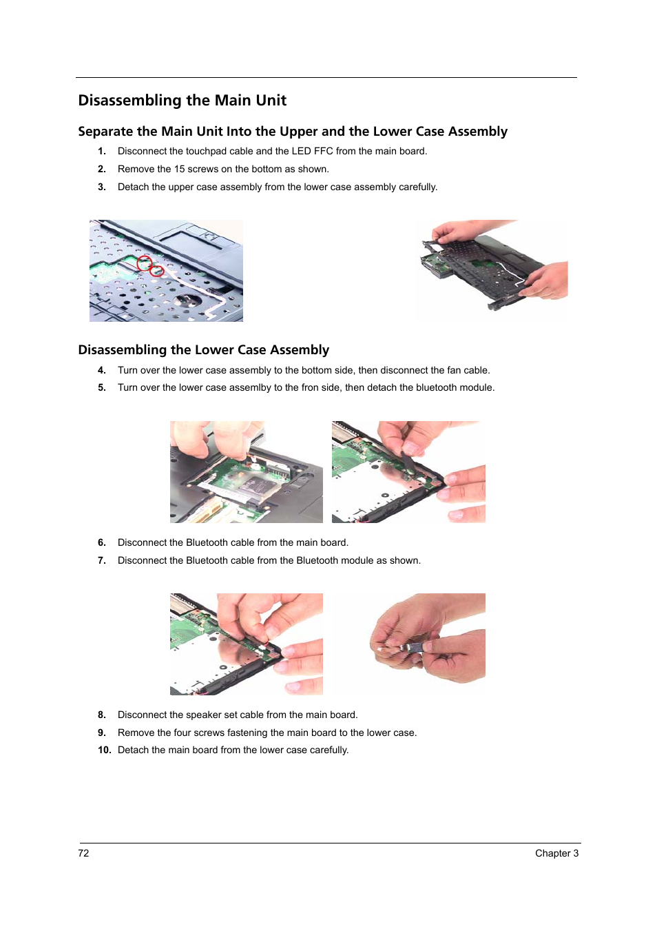 Disassembling the main unit, Disassembling the lower case assembly | Acer 3250 User Manual | Page 80 / 124