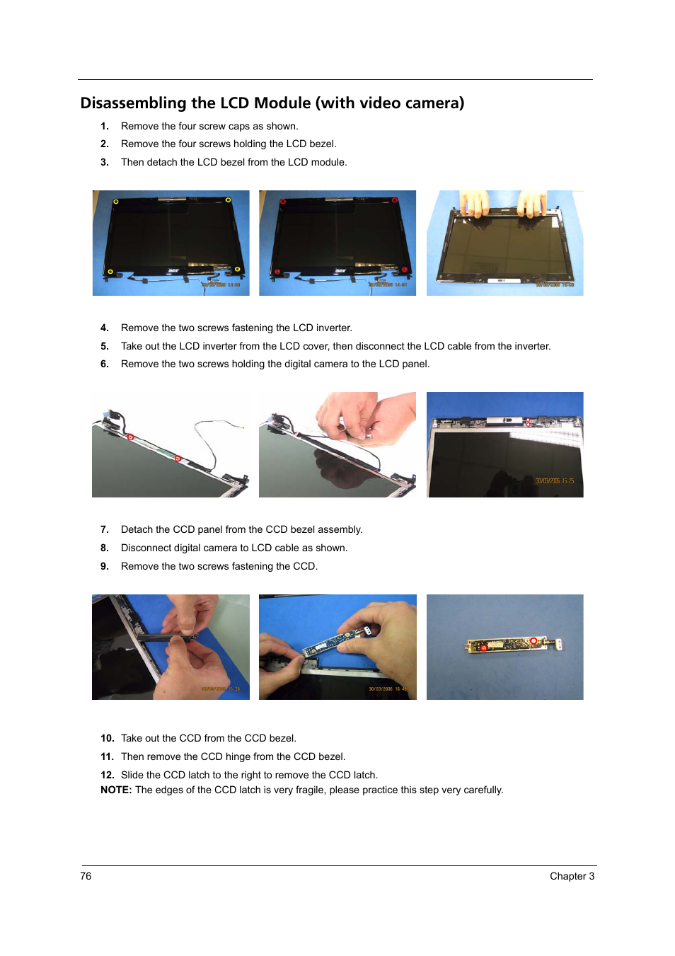 Disassembling the lcd module (with video camera) | Acer 3250 User Manual | Page 84 / 124