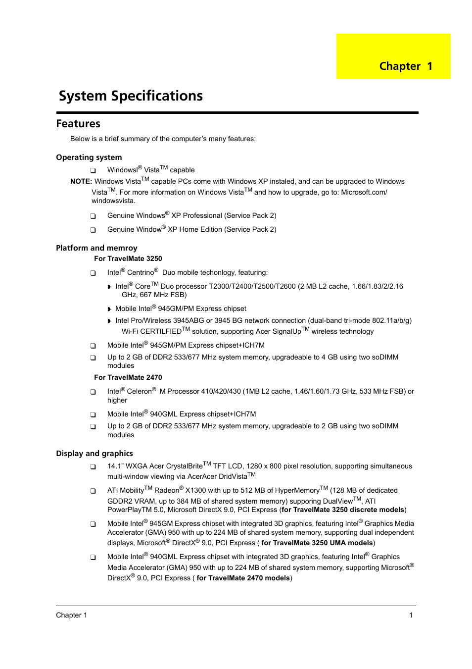 Features, System specifications, Chapter 1 | Acer 3250 User Manual | Page 9 / 124
