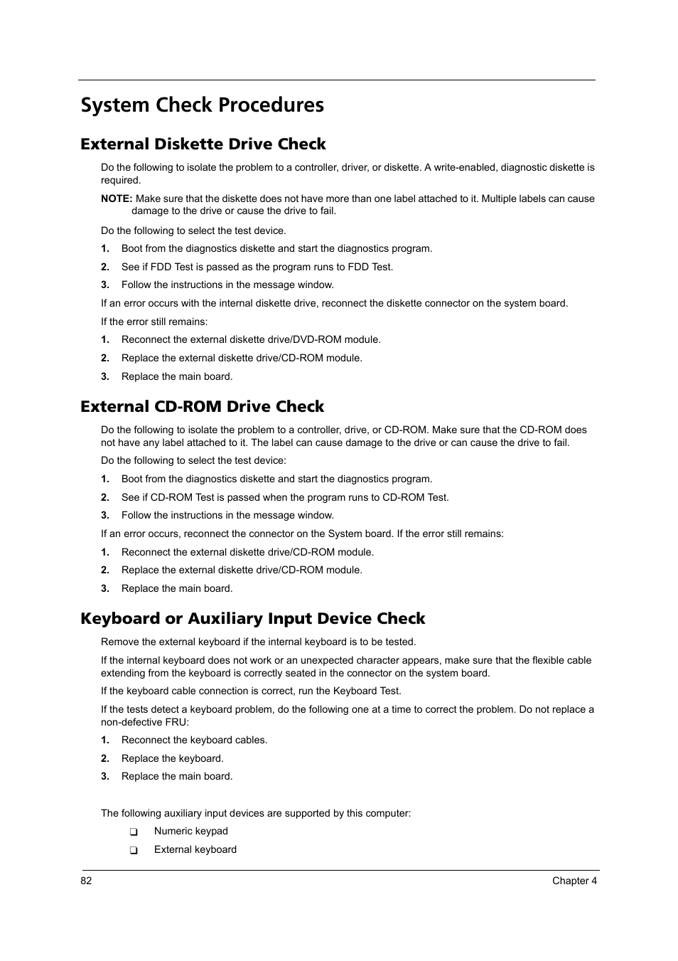 System check procedures, External diskette drive check, External cd-rom drive check | Keyboard or auxiliary input device check | Acer 3250 User Manual | Page 90 / 124