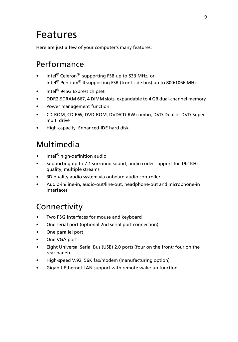 Features, Performance, Multimedia | Connectivity | Acer 6800 Series User Manual | Page 15 / 96