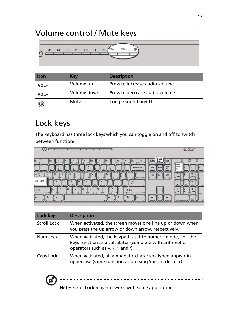 Volume control / mute keys, Lock keys, Volume control / mute keys lock keys | Acer 6800 Series User Manual | Page 23 / 96