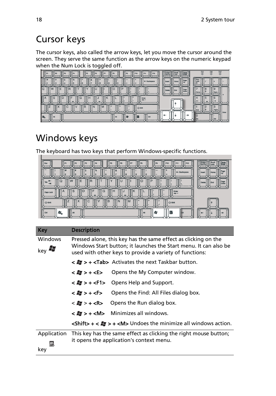 Cursor keys, Windows keys | Acer 6800 Series User Manual | Page 24 / 96