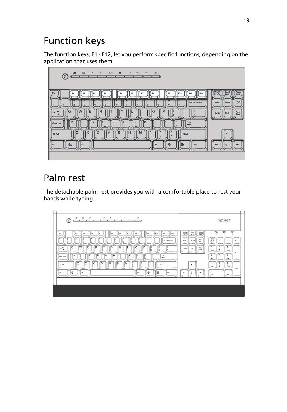 Function keys, Palm rest | Acer 6800 Series User Manual | Page 25 / 96