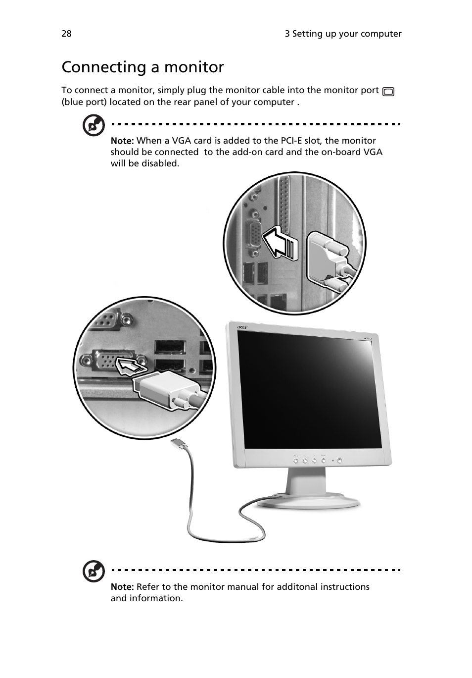 Connecting a monitor | Acer 6800 Series User Manual | Page 34 / 96