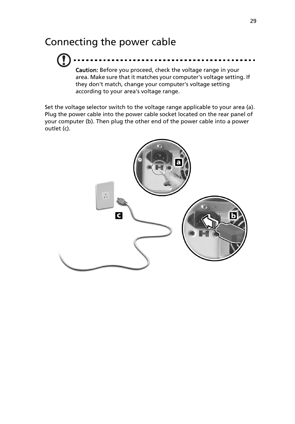 Connecting the power cable | Acer 6800 Series User Manual | Page 35 / 96