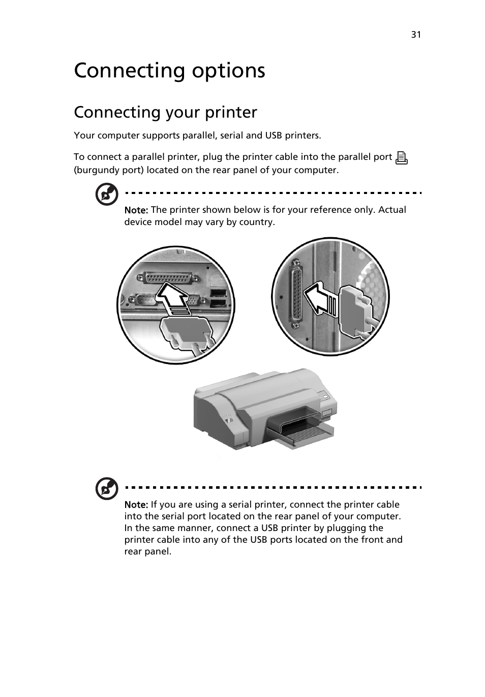 Connecting options, Connecting your printer | Acer 6800 Series User Manual | Page 37 / 96