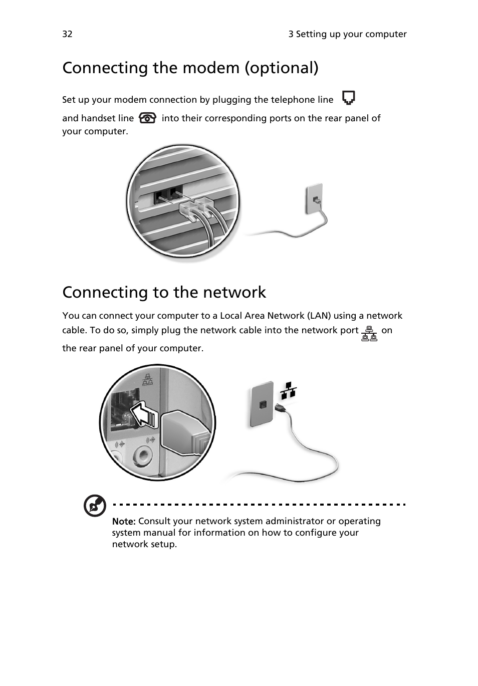 Connecting the modem (optional), Connecting to the network | Acer 6800 Series User Manual | Page 38 / 96