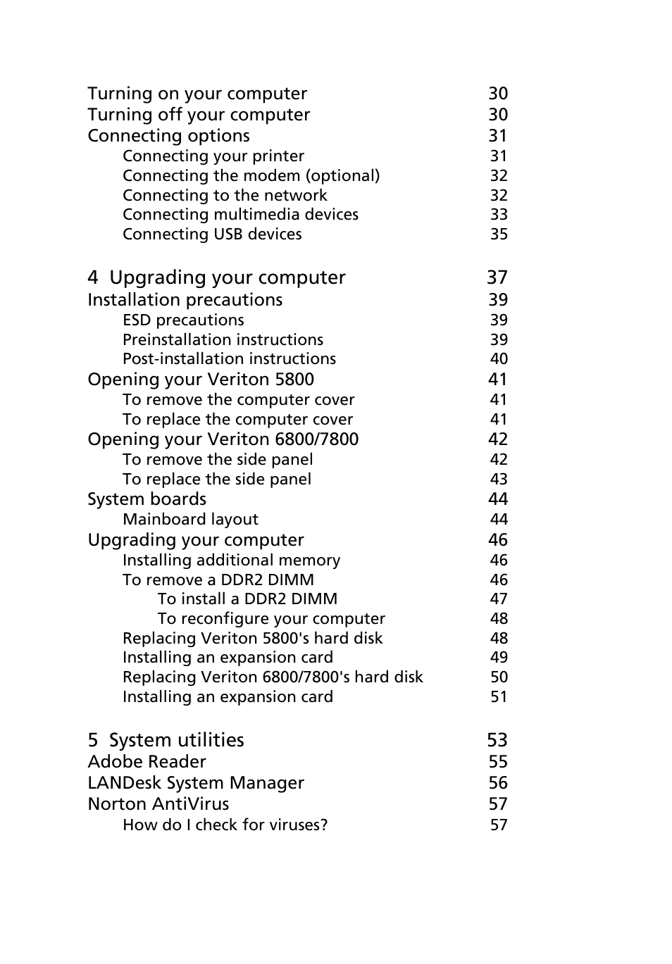 4 upgrading your computer 37, 5 system utilities 53 | Acer 6800 Series User Manual | Page 4 / 96