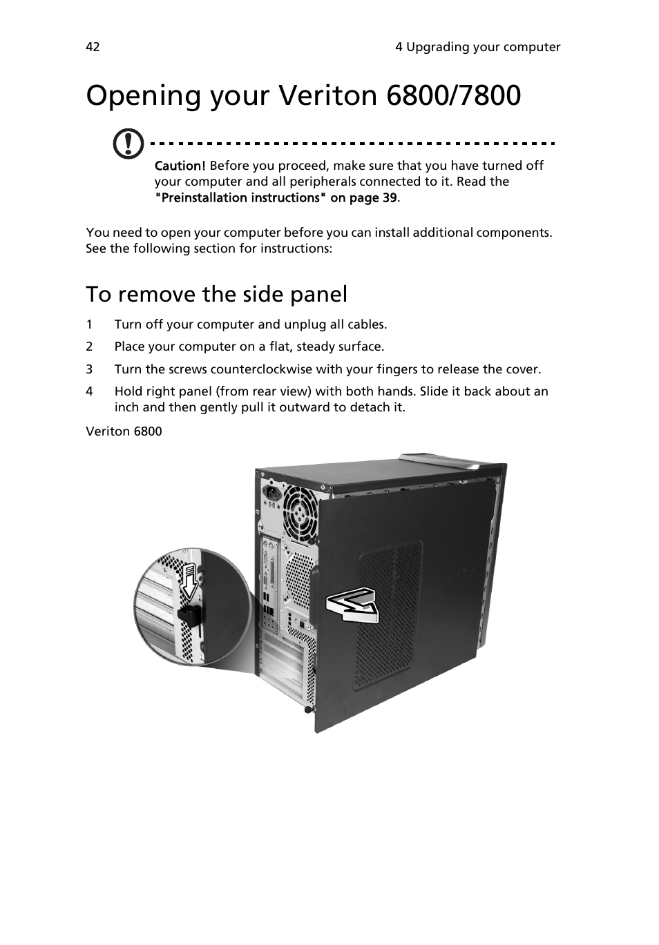 Opening your veriton 6800/7800, To remove the side panel | Acer 6800 Series User Manual | Page 48 / 96