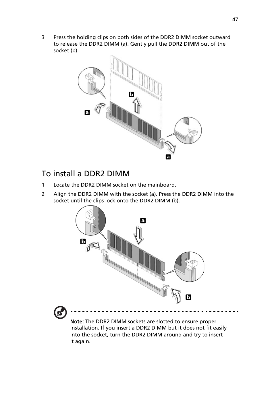 To install a ddr2 dimm | Acer 6800 Series User Manual | Page 53 / 96