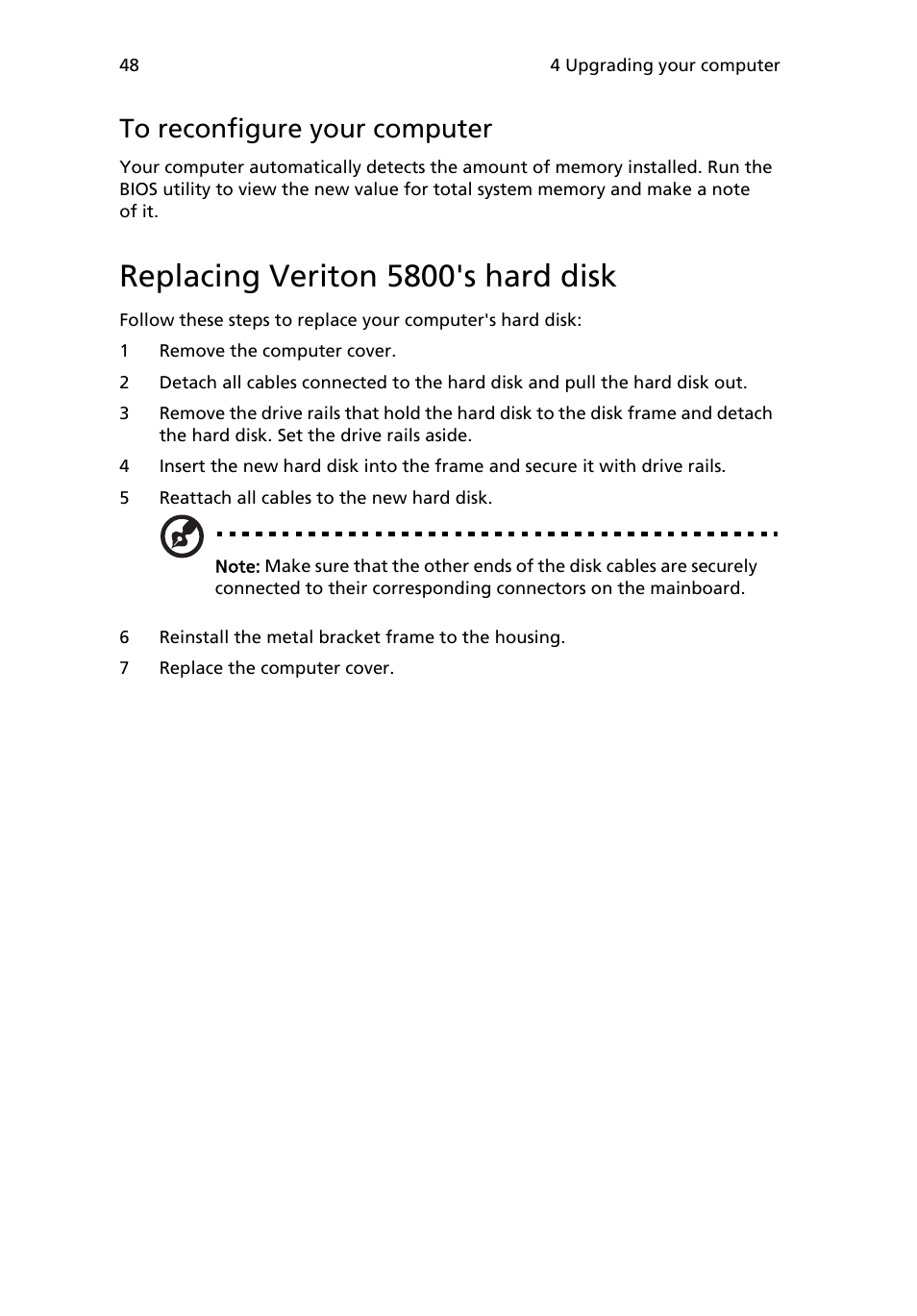 Replacing veriton 5800's hard disk, To reconfigure your computer | Acer 6800 Series User Manual | Page 54 / 96