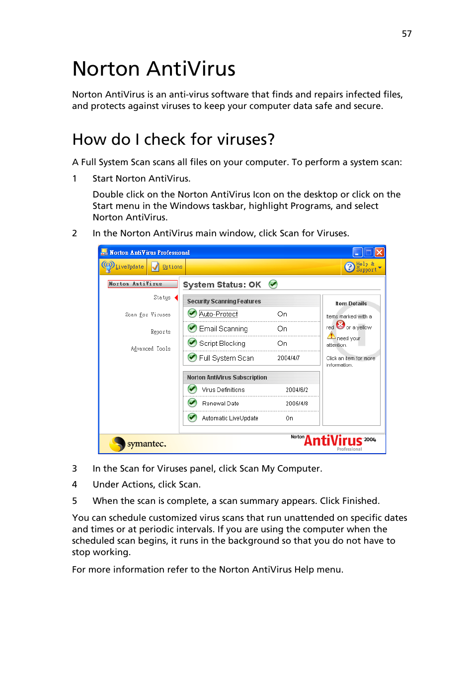 Norton antivirus, How do i check for viruses | Acer 6800 Series User Manual | Page 63 / 96