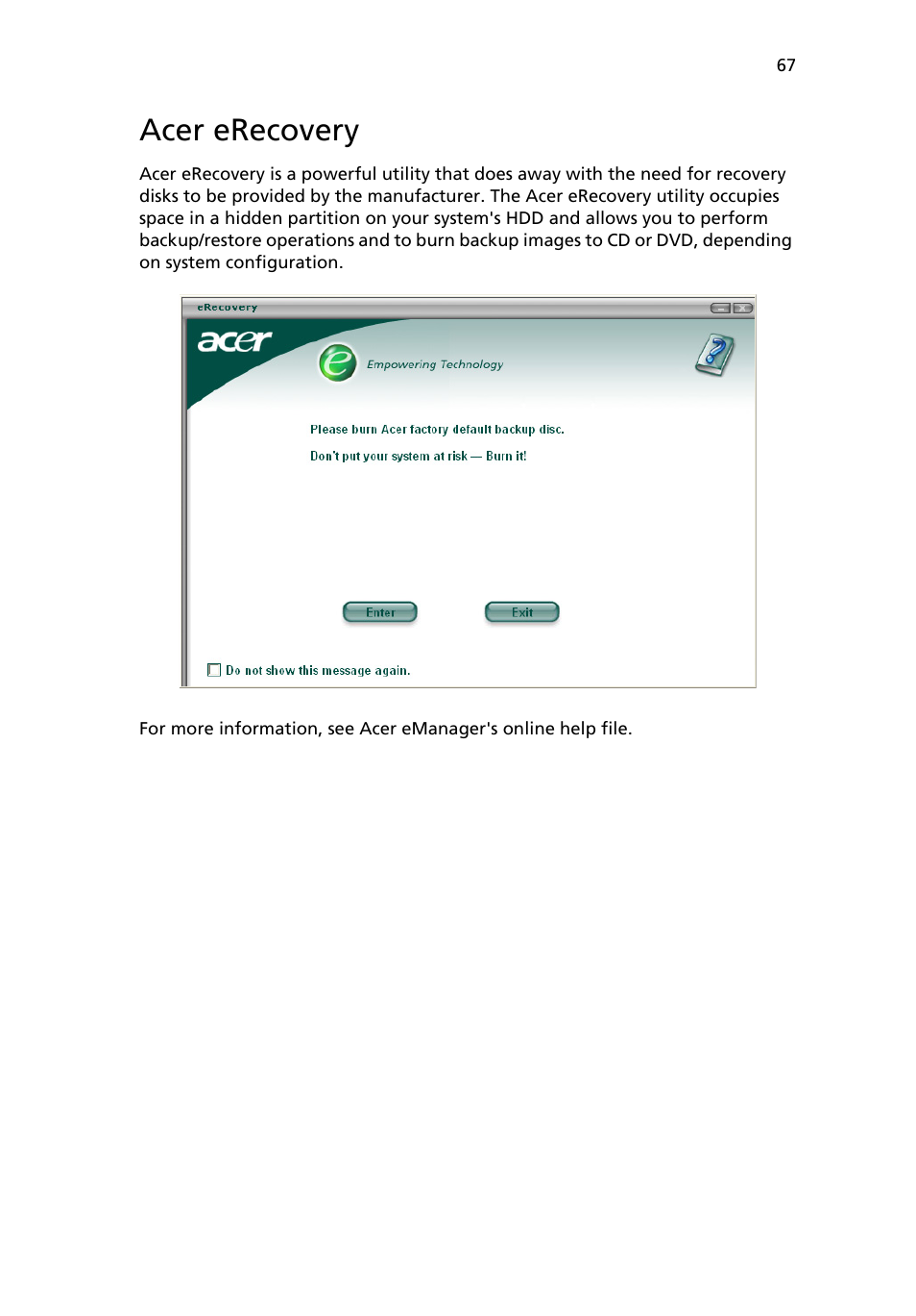 Acer erecovery | Acer 6800 Series User Manual | Page 73 / 96