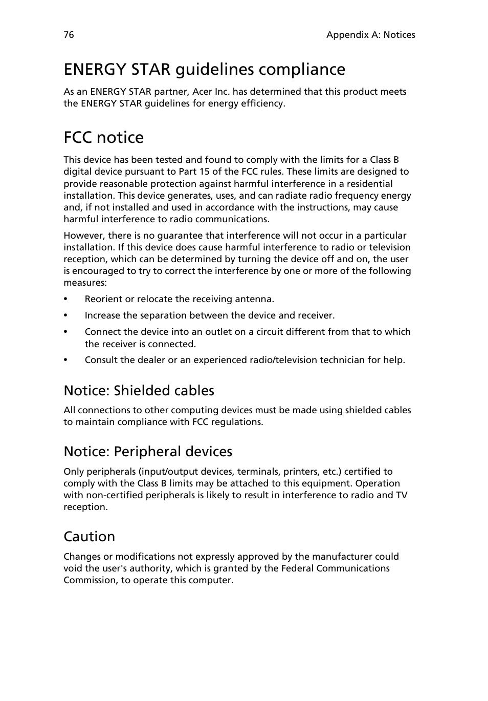 Energy star guidelines compliance, Fcc notice, Notice: shielded cables | Notice: peripheral devices, Caution | Acer 6800 Series User Manual | Page 82 / 96