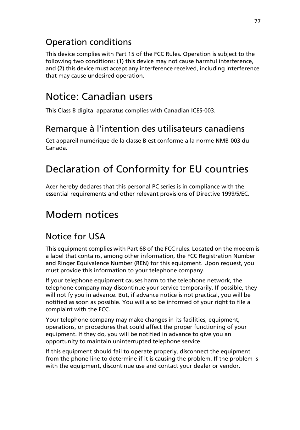 Notice: canadian users, Declaration of conformity for eu countries, Modem notices | Notice for usa | Acer 6800 Series User Manual | Page 83 / 96