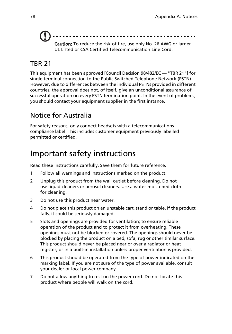 Important safety instructions, Tbr 21, Notice for australia | Acer 6800 Series User Manual | Page 84 / 96