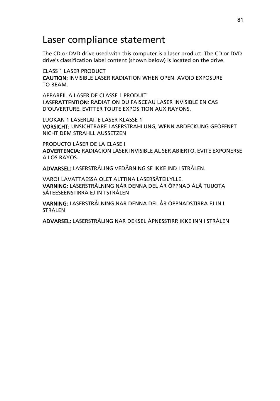 Laser compliance statement | Acer 6800 Series User Manual | Page 87 / 96