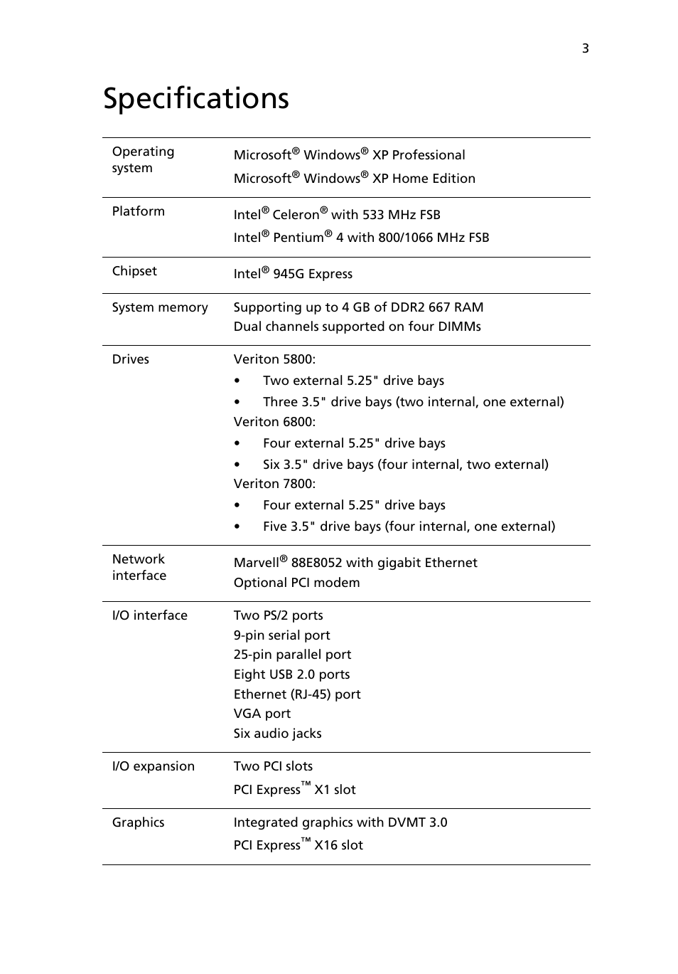 Specifications | Acer 6800 Series User Manual | Page 9 / 96