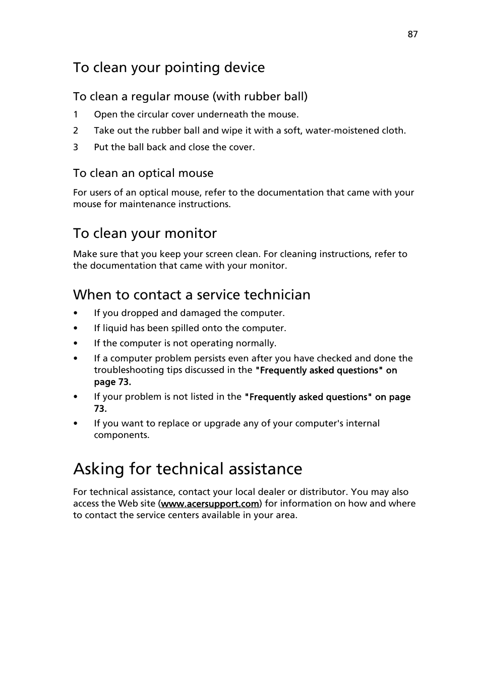 Asking for technical assistance, To clean your pointing device, To clean your monitor | When to contact a service technician | Acer 6800 Series User Manual | Page 93 / 96