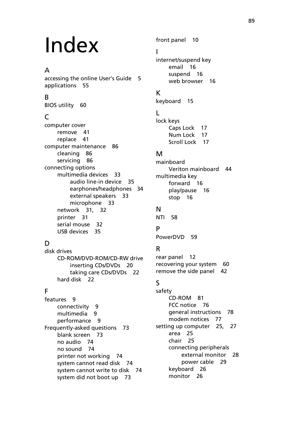 Index | Acer 6800 Series User Manual | Page 95 / 96