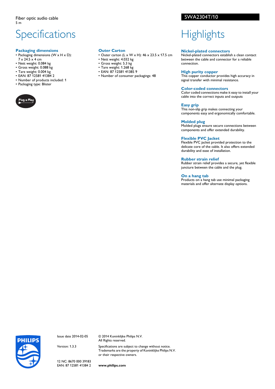 Specifications, Highlights | Philips Câble audio fibre optique User Manual | Page 2 / 2
