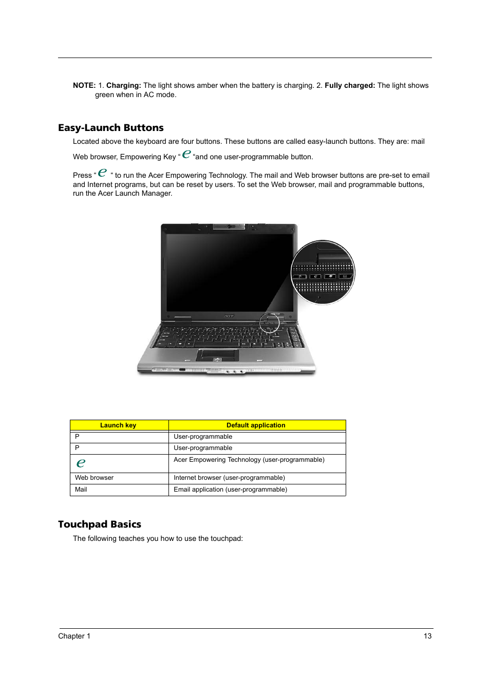 Easy-launch buttons, Touchpad basics | Acer 5540 User Manual | Page 19 / 112