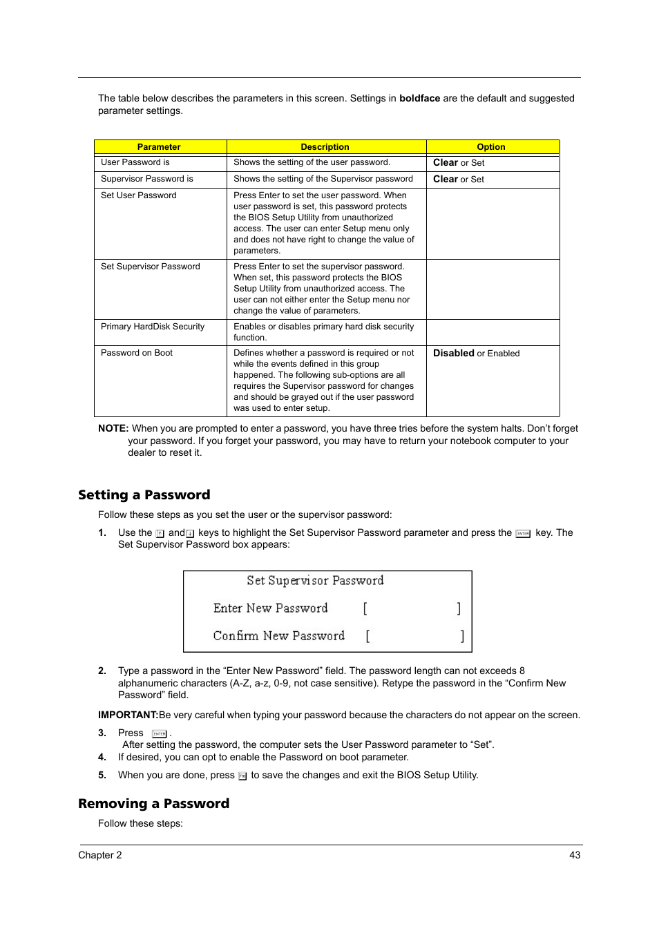 Setting a password, Removing a password | Acer 5540 User Manual | Page 49 / 112