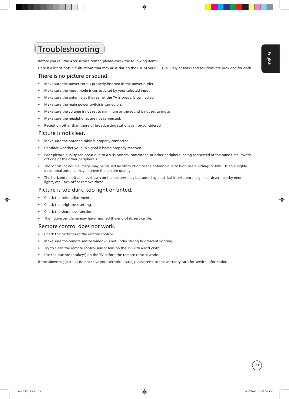 Troubleshooting, There is no picture or sound, Picture is not clear | Picture is too dark, too light or tinted, Remote control does not work | Acer AT4220A User Manual | Page 23 / 24