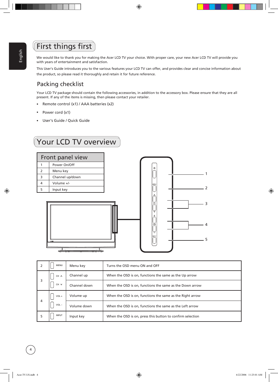 First things first, Your lcd tv overview, Packing checklist | Front panel view | Acer AT4220A User Manual | Page 4 / 24