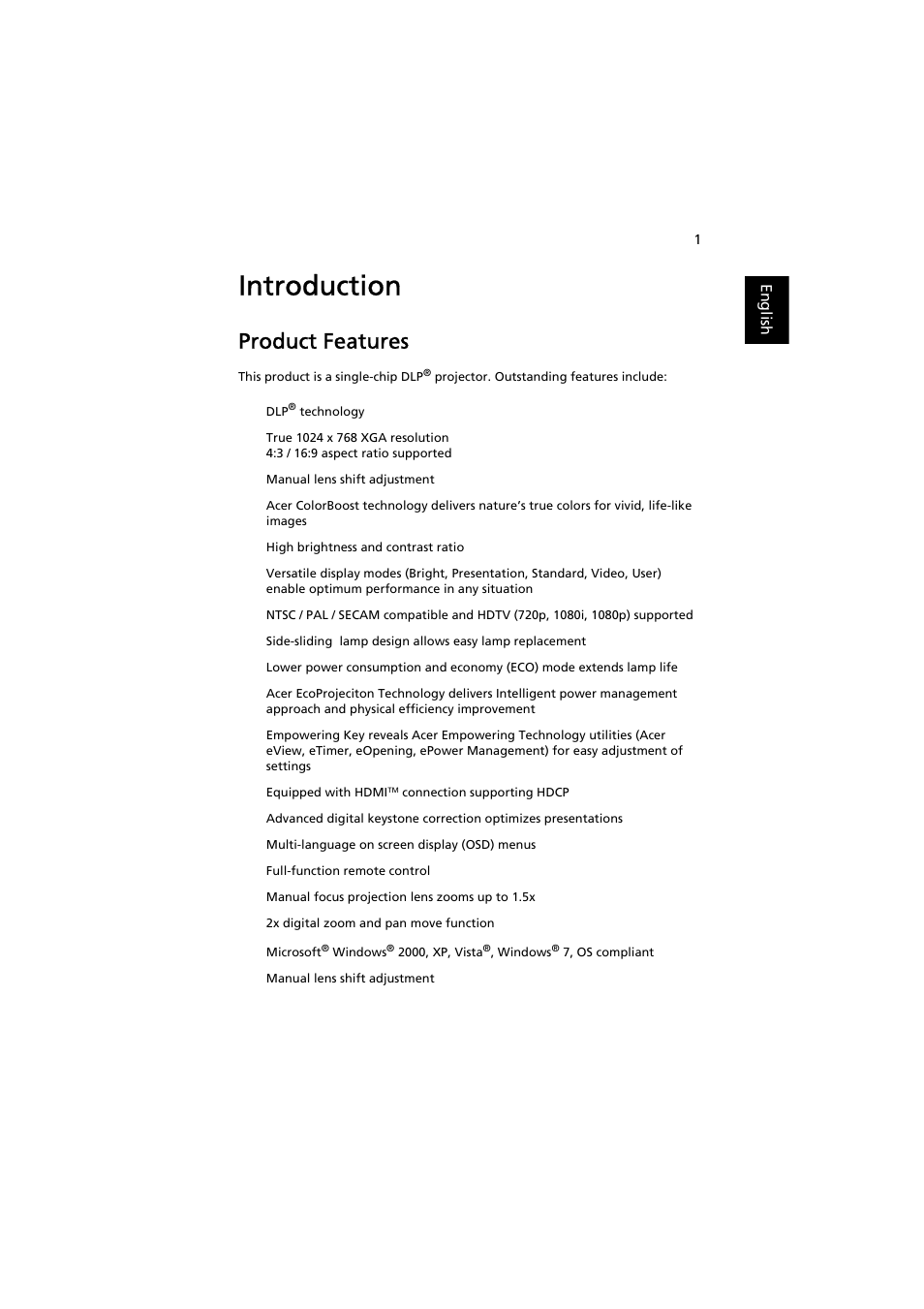 Introduction, Product features | Acer PROJECTOR P7203 User Manual | Page 11 / 62
