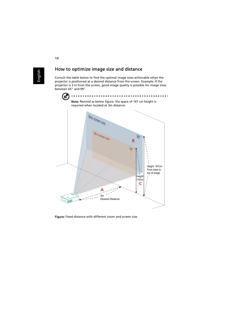 How to optimize image size and distance | Acer PROJECTOR P7203 User Manual | Page 24 / 62