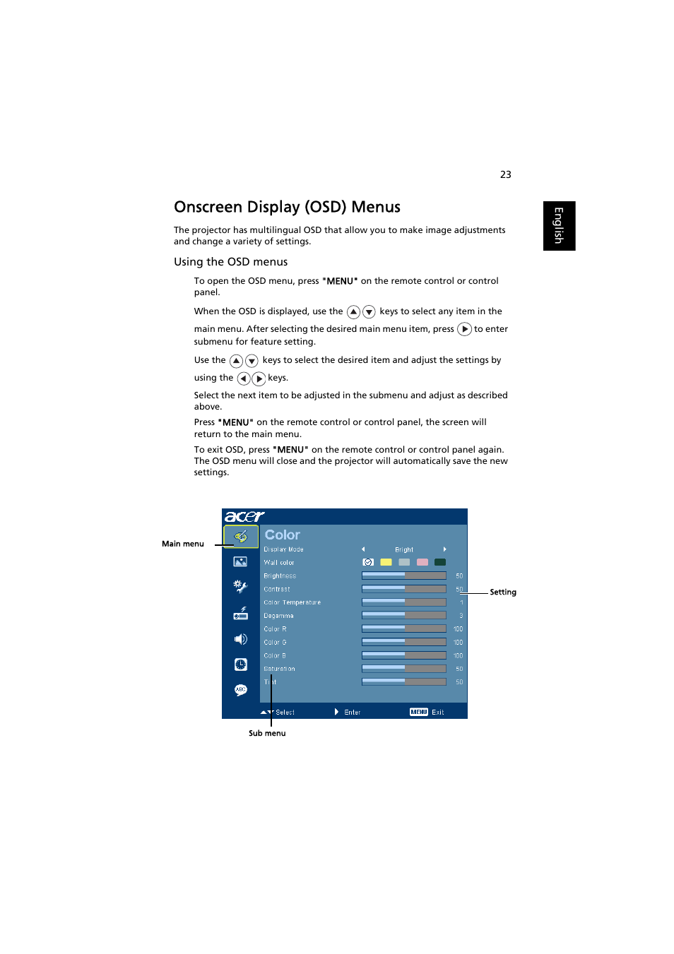 Onscreen display (osd) menus | Acer PROJECTOR P7203 User Manual | Page 33 / 62