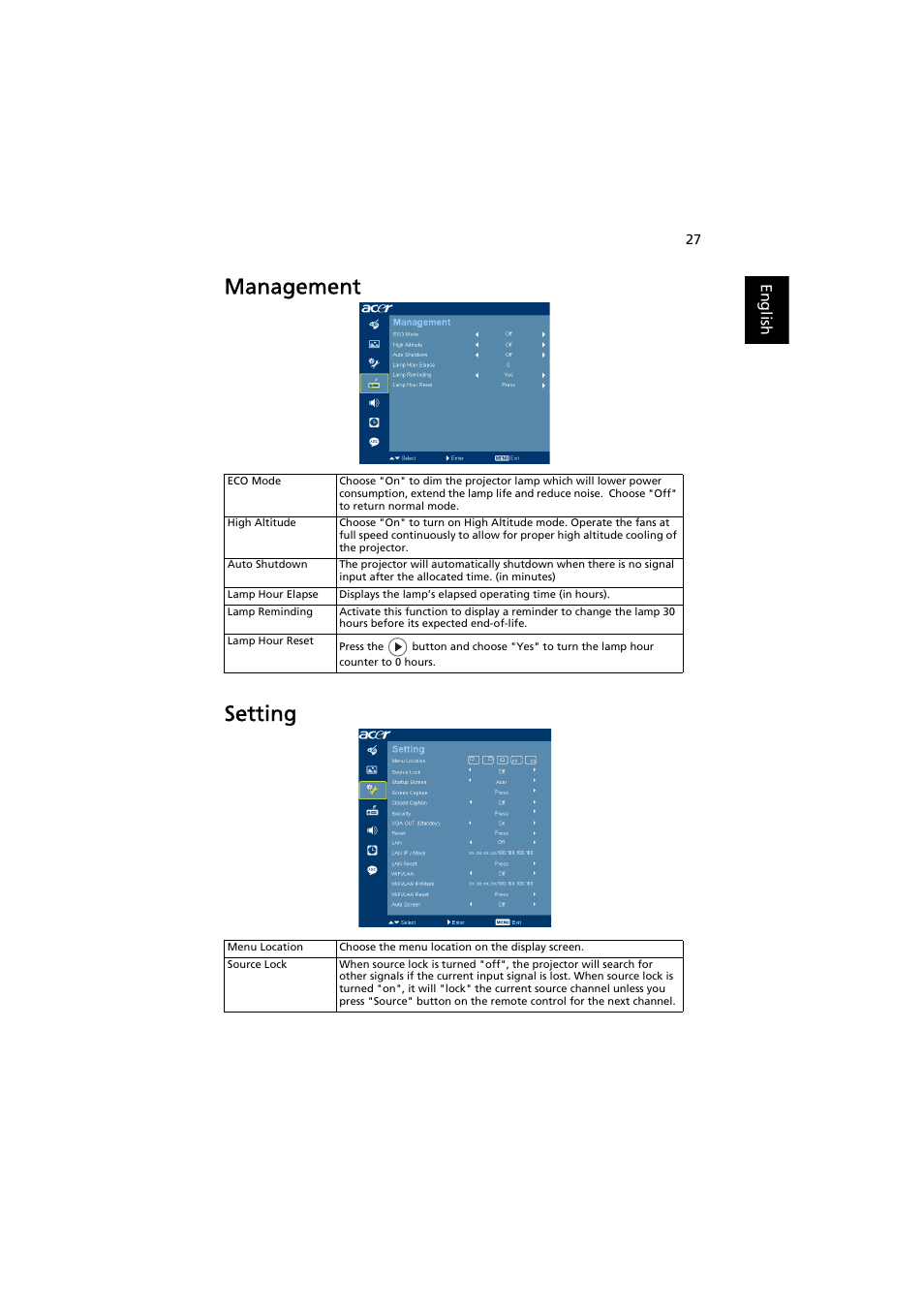 Management, Setting, Management setting | Acer PROJECTOR P7203 User Manual | Page 37 / 62