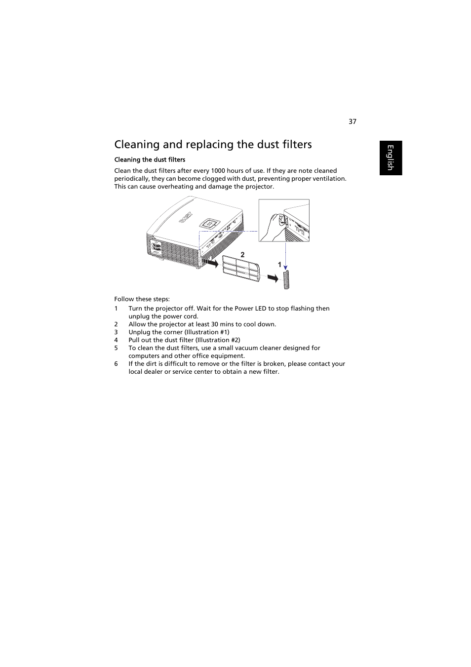 Cleaning and replacing the dust filters | Acer PROJECTOR P7203 User Manual | Page 47 / 62