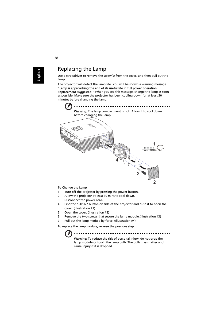 Replacing the lamp | Acer PROJECTOR P7203 User Manual | Page 48 / 62