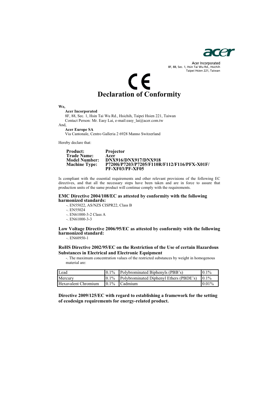 Declaration of conformity | Acer PROJECTOR P7203 User Manual | Page 60 / 62