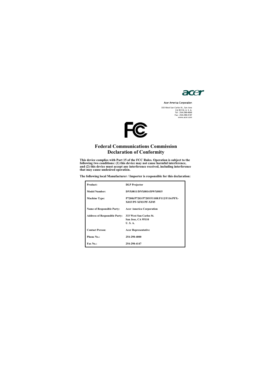 Acer PROJECTOR P7203 User Manual | Page 62 / 62
