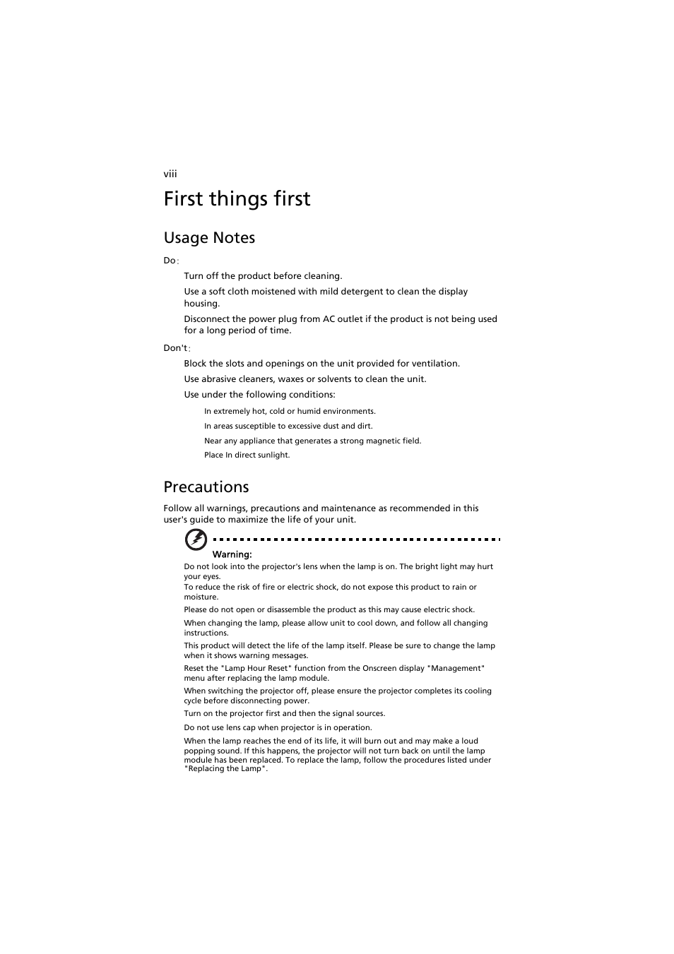 First things first, Usage notes, Precautions | Acer PROJECTOR P7203 User Manual | Page 8 / 62