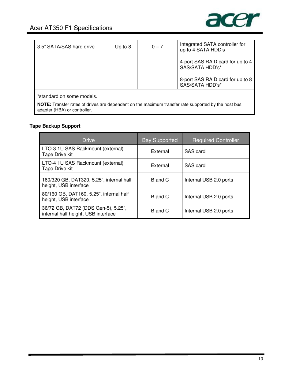 Acer at350 f1 specifications | Acer AT350 User Manual | Page 10 / 23