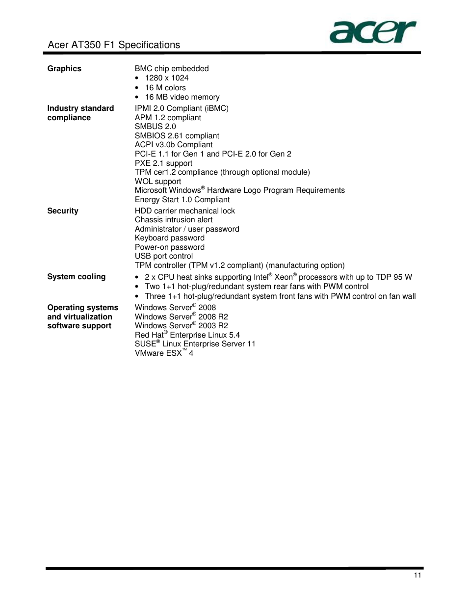 Acer at350 f1 specifications | Acer AT350 User Manual | Page 11 / 23