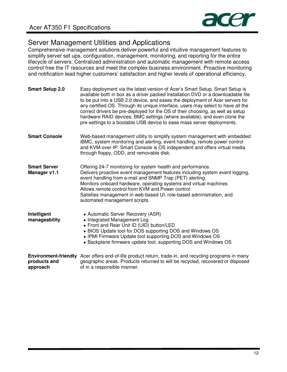 Server management utilities and applications, Acer at350 f1 specifications | Acer AT350 User Manual | Page 12 / 23